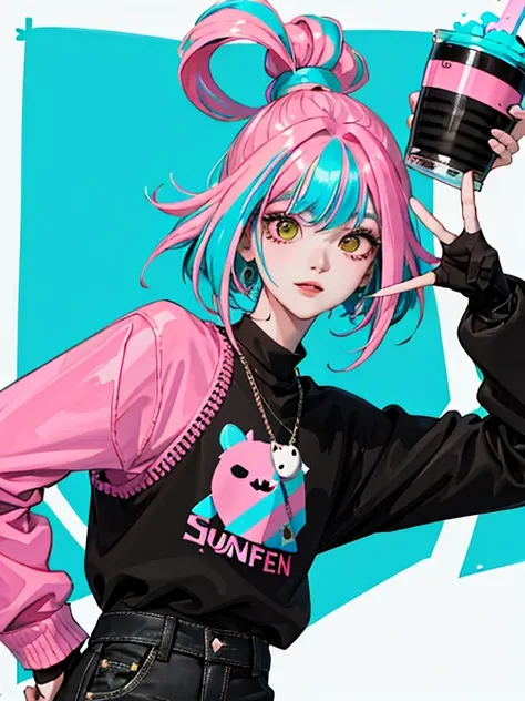 chica kpop con cara sonriente de rizz, impresionante, guantes negros, batido de bobba, neon cyan pink hair, tatuajes en manos y cuello, drilling, Black Mixed Green Striped Oversized Tomboy Sweater, pose genial y ruda, fondo de humo, colorful fondo de humo