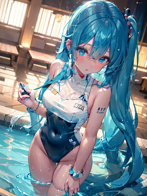 (masterpiece, highres, best quality, ultra detailed, detailed background, cinematic lighting:1.2), (beautiful detailed face, detailled eyes), pool, sunset, 1girl, long hair, dark blue hair, straight hair, bangs, swept bangs, medium breasts, perky breasts, ...