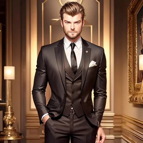 best quality,ultra-detailed,Kivanç Tatlitug with hazel eyes,suave and confident look,dark hair,well-groomed beard,sharp facial features,charming smile,tailored suit,posing in a luxurious setting,soft lighting,warm color tones,captivating gaze,expressive ey...