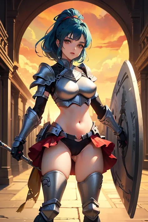 Guerreira, fantasia, armadura de placas, steel breastplate, Steel gauntlets, steel gloves, saia curta, saia vermelha, levantando a saia, calcinha branca, calcinha aparecendo, blue hair, realista, D&D, saia levantada, (cameltoe), upskirt, Steel gauntlets, s...