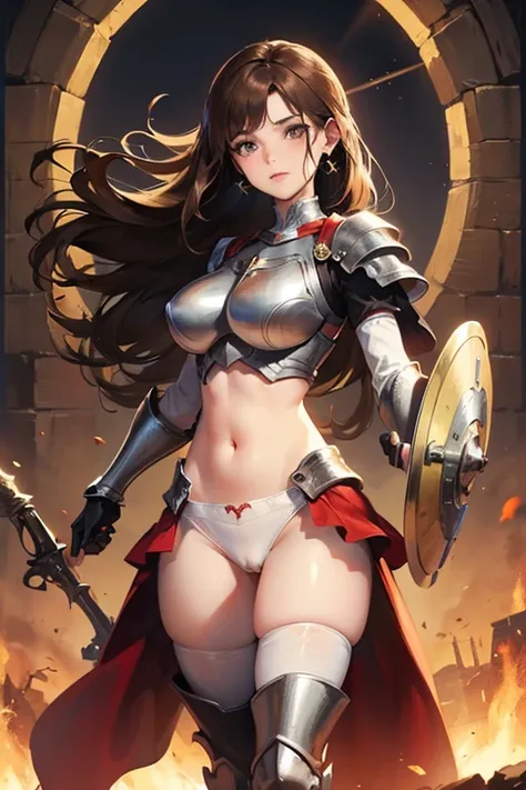 Guerreira, fantasia, armadura de placas, steel breastplate, Steel gauntlets, steel gloves, saia curta, saia vermelha, levantando a saia, calcinha branca, calcinha aparecendo, Brown hair, realista, D&D, saia levantada, (cameltoe), upskirt, Steel gauntlets, ...