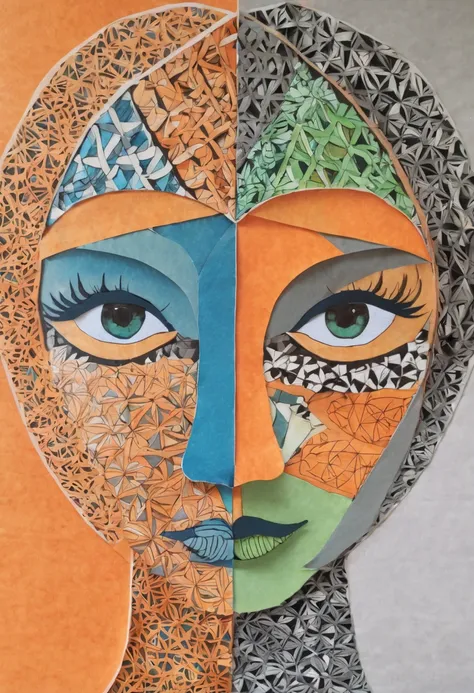 Origami, zentangle, face pottraits, soft tone color, orange, blue, green, gray, brown,