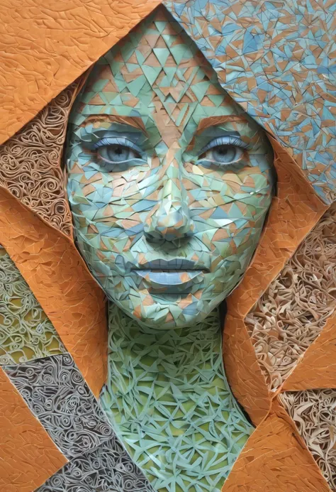 Origami, zentangle, face pottraits, soft tone color, orange, blue, green, gray, brown,