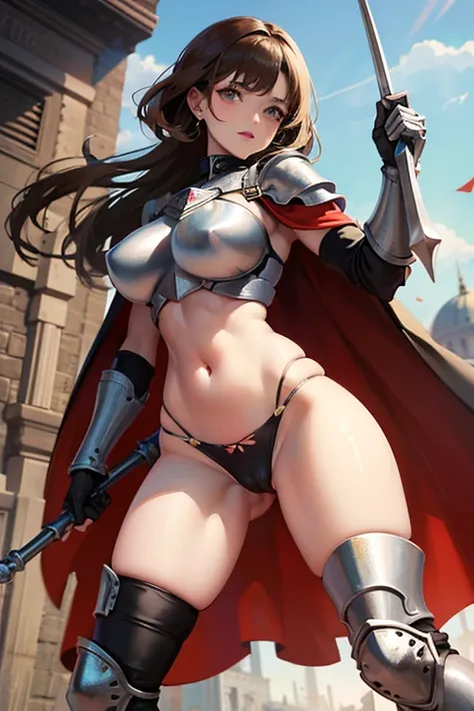 Guerreira, fantasia, armadura de placas, steel breastplate, Steel gauntlets, steel gloves, saia curta, saia vermelha, levantando a saia, calcinha branca, calcinha aparecendo, Brown hair, realista, D&D, saia levantada, (cameltoe), upskirt, Steel gauntlets, ...