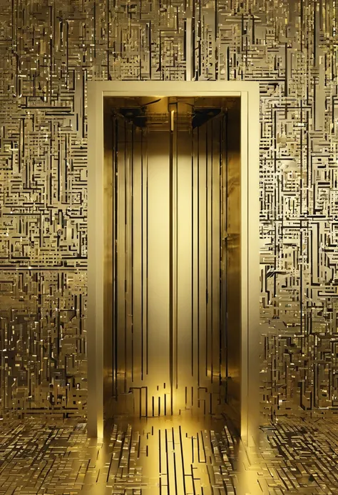 a closed door in the middle of a wall that looks like the falling code matrix, a porta fica bem no centro, e a parede deve ser alta, the door must be clear and the matrix-type wall must be metal sandpaper with gold gilt