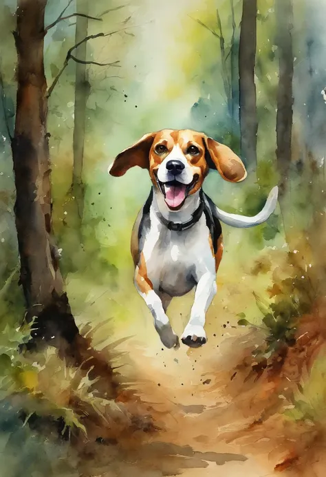 beagle running in the forest