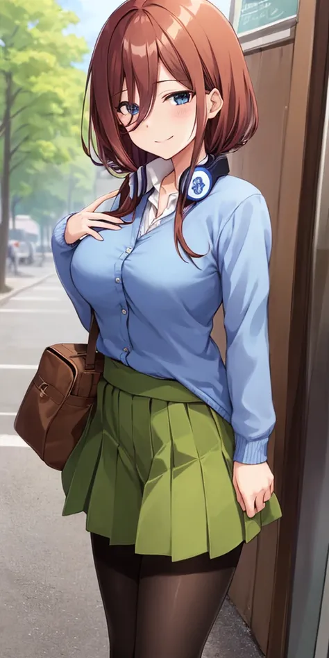 2d, masterpiece, best quality, anime, highly detailed, 1girl, solo, cowboy shot, nakano miku, brown hair, hair between eyes, blue cardigan, headphones, pantyhose, collared shirt, green skirt, miniskirt, medium breasts, standing, school, outdoors, smile