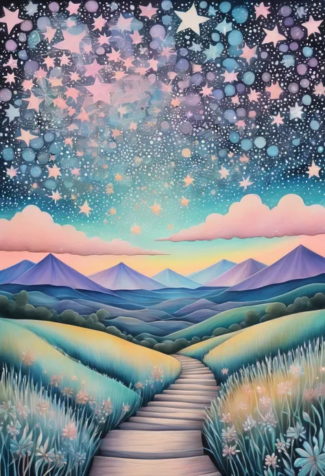 Marija pastel tones, stars full sky, zentangle lanscape,