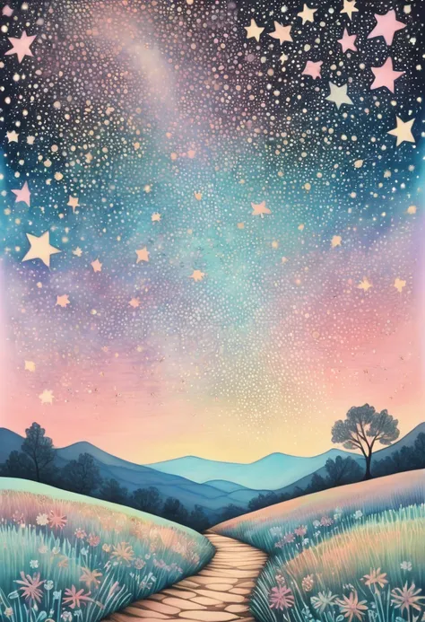 Marija pastel tones, stars full sky, zentangle lanscape,