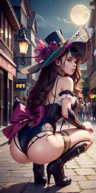 NSFW,Best possible quality, high resolution 8k,under the moonlight，night city，night street,most Beautiful woman with a dress and hat ,cat pose，squatting on all four，all four on ground, tanned skin, fine hat, elegant,fantasy Victorian art, Victorian inspire...