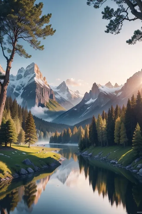 A serene mountain lake with a forest in the background.