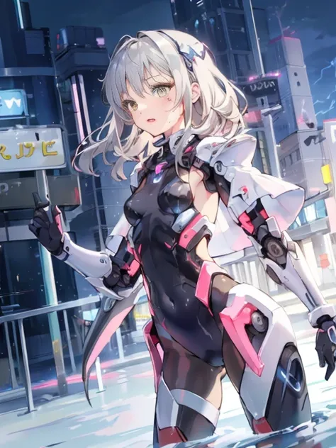 ((masterpiece:1.4、highest quality))+、(super detailed)+、
1 girl、cyberpunk city、flat chest、wavy hair、mecha clothes、(robot girl)、Cool move、Silver Bodysuit、colorful background、Wet day、(lightning effect)、Silver Dragon Armor、(cold face)、cowboy shot、pretty girl