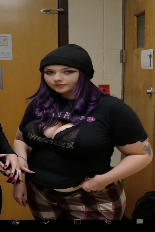 two women in black shirts and plaid pants standing in a room, tall female emo art student, female emo art student, 1 7 - year - old goth girl, dressed in crustpunk clothing, she has purple hair, low quality photo, dark purple hair and cybernetics, very ver...