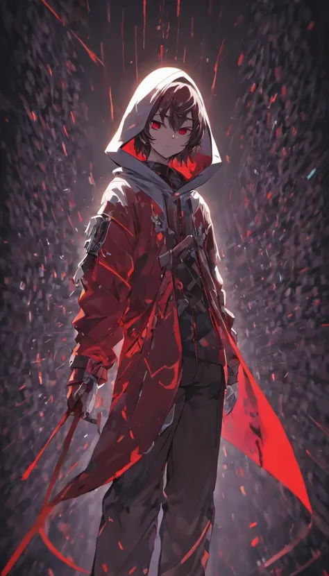 Concept art of a computer game character, blackandwhite, in two projections, An assassin man in a white hooded suit, evil look, evil smile, glowing red background, Simple black lines, simplified (masterpiece) 