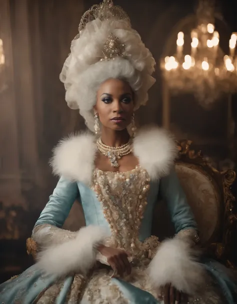 An black Marie Antoinette resplendent in opulent Rococo attire, radiating grandeur and extravagance with an extravagant headdress, adorned in delicate pearls and plush pastel hues, in the style of shiny rhinestone crystals