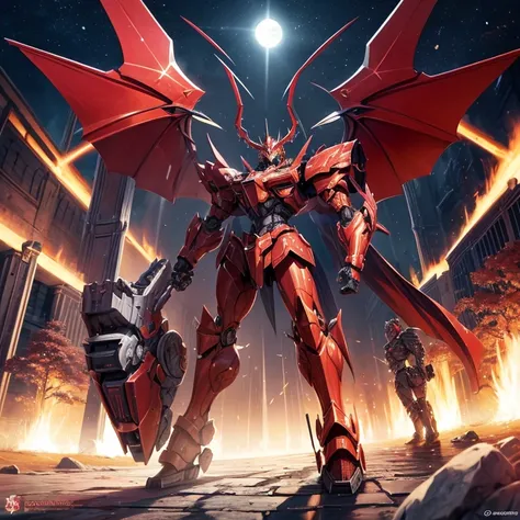 Carattere epico, fantasy, perfect body, armatura rossa di dragone, mecha, spada tecnologica