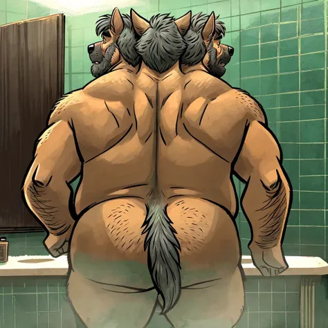 solo, three headed german shepherd, masculine, (cartoon eyes:1.3), tired, frown, by dramamine, (identical:1.9), obese, old, bathroom background, shirtless, nude, beard, green theme, gray hair, (back view:1.3), tail