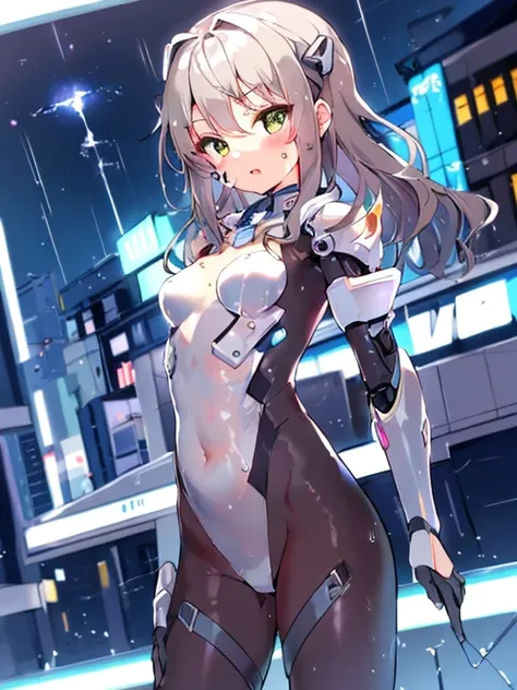 ((masterpiece:1.4、highest quality))+、(super detailed)+、
1 girl、cyberpunk city、flat chest、wavy hair、mecha clothes、(robot girl)、Cool move、Silver Bodysuit、colorful background、Wet day、(lightning effect)、Silver Dragon Armor、(cold face)、cowboy shot、pretty girl