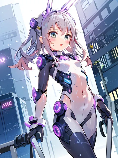 ((masterpiece:1.4、highest quality))+、(super detailed)+、
1 girl、cyberpunk city、flat chest、wavy hair、mecha clothes、(robot girl)、Cool move、Silver Bodysuit、colorful background、Wet day、(lightning effect)、Silver Dragon Armor、(cold face)、cowboy shot、pretty girl