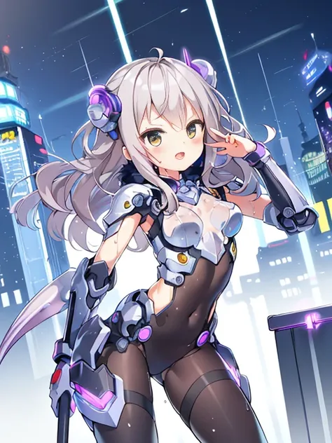 ((masterpiece:1.4、highest quality))+、(super detailed)+、
1 girl、cyberpunk city、flat chest、wavy hair、mecha clothes、(robot girl)、Cool move、Silver Bodysuit、colorful background、Wet day、(lightning effect)、Silver Dragon Armor、(cold face)、cowboy shot、pretty girl