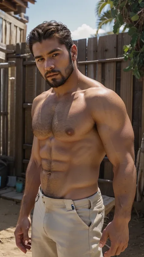 Male, brunette, muscular, blue eyes, light skin, small beard, hunter eyes, Mexican, cowboy USA, masculine, ranchero, naked