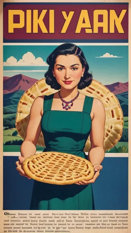 1940s poster, ad for "fry bread", simple box design, simple label, fresh fry bread, fry bread is flat, attractive native woman hold flatbread, brand name is "Okie Mountain", open fingers, blue sky, green mountain, choctaw purple dress, 