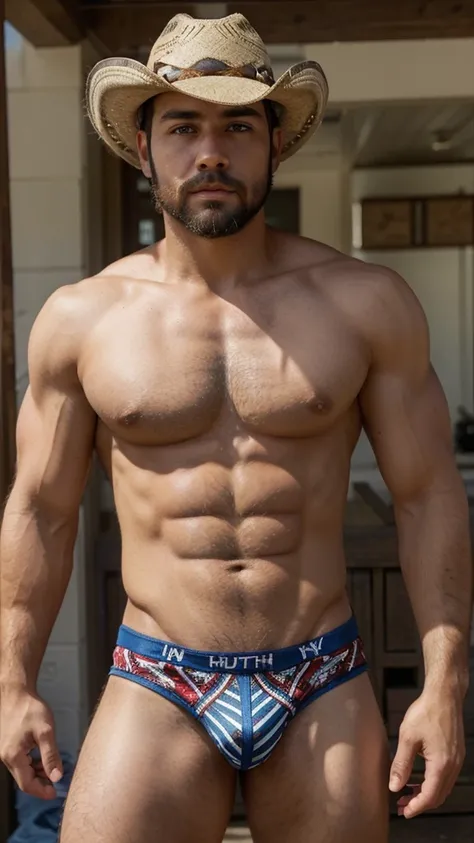 Male, brunette, muscular, blue eyes, light skin, small beard, hunter eyes, Mexican, cowboy USA, masculine, ranchero, underwear, sexy underwear