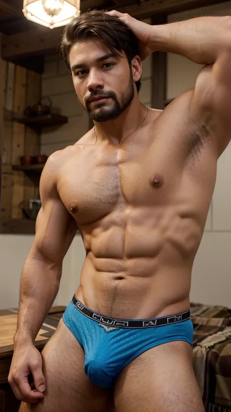 Male, brunette, muscular, blue eyes, light skin, small beard, hunter eyes, Mexican, cowboy, masculine, ranchero, underwear, sexy underwear