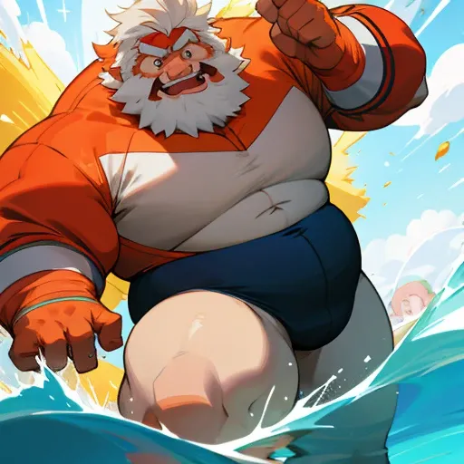 Fotografia de Corpo inteiro,Just immensely plump, morbidly fat, Elderly, bearded, gray-haired, fat belly, huge belly, morbid, extremely thick thighs, wearing only red swim trunks, red cap. arte oficial, , Sobre, retrato estilo anime, estilo de arte anime m...