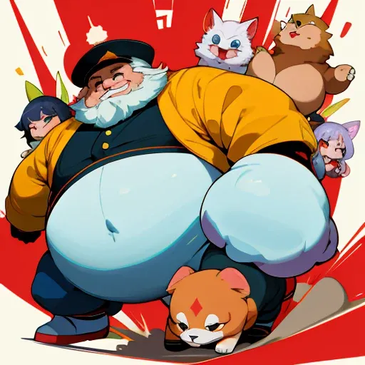 Fotografia de Corpo inteiro,Just immensely plump, morbidly fat, Elderly, bearded, gray-haired, fat belly, huge belly, morbid, extremely thick thighs, wearing only red swim trunks, red cap. arte oficial, , Sobre, retrato estilo anime, estilo de arte anime m...