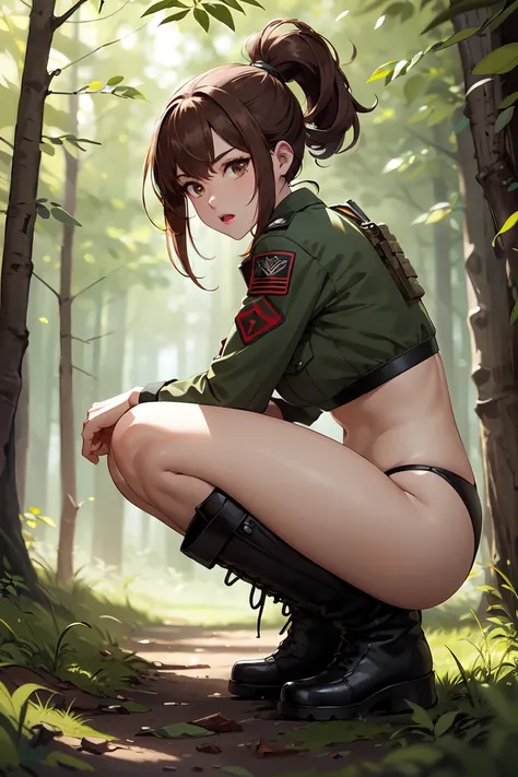 (best quality,Unparalleled masterpiece:1.4),Ultra-detailed CG 4K,brown hair，in the forest，Female soldiers，Dark green combat uniform，high ponytail，commando，goggles， Black loose bikini，black military boots，huge，rendering，huge，squat on the ground