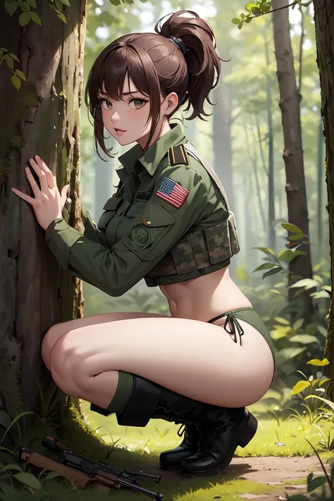 (best quality,Unparalleled masterpiece:1.4),Ultra-detailed CG 4K,brown hair，in the forest，Female soldiers，Dark green combat uniform，high ponytail，commando， Loose bikini，black military boots，huge，rendering，huge，squat on the ground