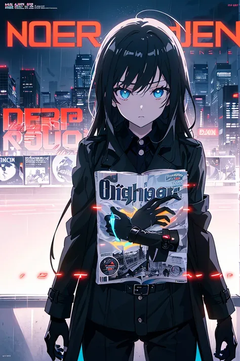 (best quality,8k,masterpiece:1.5), (solo:1.5), 1girl, cyberpunk, futuristic, (buttoned ankle-length black trench coat:1.4), (black pants:1.2), (black collared shirt:1.4), (loose long black hair:1.4), light blue eyes, beautiful detailed face, beautiful deta...