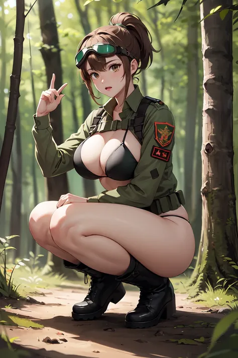 (best quality,Unparalleled masterpiece:1.4),Ultra-detailed CG 4K,brown hair，in the forest，Female soldiers，Dark green combat uniform，high ponytail，commando，goggles， Black loose bikini，black military boots，huge，rendering，huge，squat on the ground