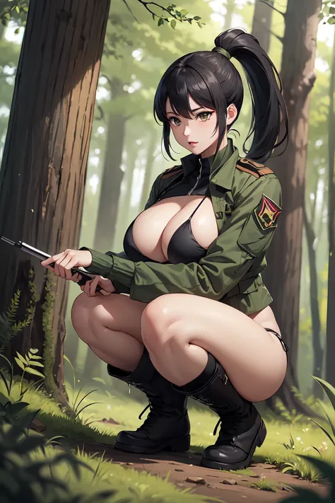 (best quality,Unparalleled masterpiece:1.4),Ultra-detailed CG 4K,black hair，in the forest，Female soldiers，Dark green combat uniform，high ponytail，commando， Loose bikini，black military boots，huge，rendering，huge，squat on the ground