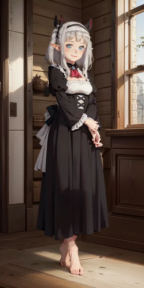 1girl, cute, ((Short black hair girl and long blonde hair girl)), maid victorian, maid apron, straight face, dazed, Body position: Standing, straight, symmetrical, barefoot, Lustful smile on face with red blush,
