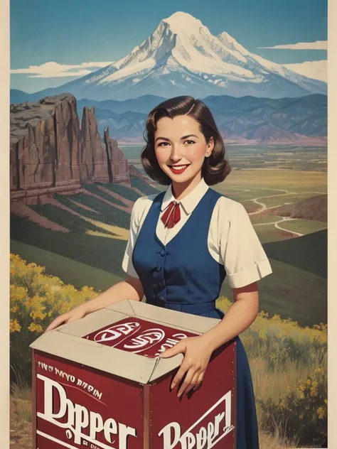 1940s poster, simple box design, simple label, lovely native woman smiling, ad for dr. Pepper, blue sky, oklahoma mountains in distance