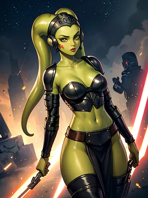 (best quality, masterpiece, highly detailed), 1girl, (green skin), badass Twilek, suit of armor, black leather, pelvic curtain, loincloth, long skirts, battle armor, body armor, long sleeves, skirts, tight black leggings, long boots, black leather, buckles...