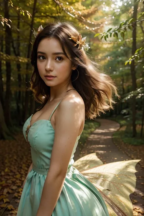 anime style ,face details, pretty face, a fairy flying in a forest in autumn time, with leaves flying in the air, soft tones, light tones, fairy with wonderful dress, shine, sparkling