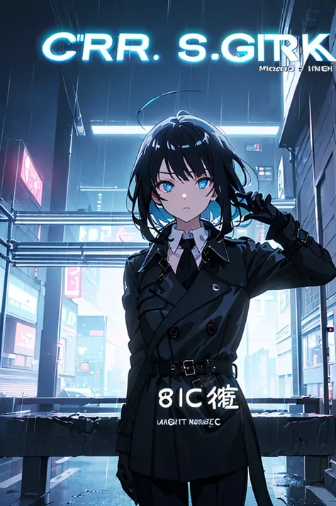 (best quality,8k,masterpiece:1.5), (solo:1.5), 1girl, cyberpunk, futuristic, (buttoned ankle-length black trench coat:1.4), (black pants:1.2), (black collared shirt:1.4), (loose long black hair:1.4), light blue eyes, beautiful detailed face, beautiful deta...