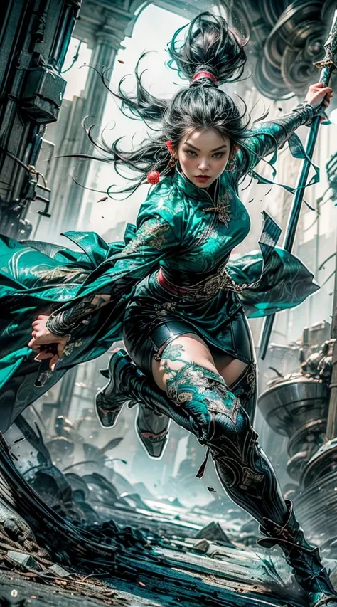 ((Full body Illustration)), high definition|quality|contrast. Magic Fantasy art. a imposing Chinese warrior woman holding a staff in combat pose, (attack pose), traditional dress in shades of green, tattoo on the right leg, swirl of leaves around. her body...