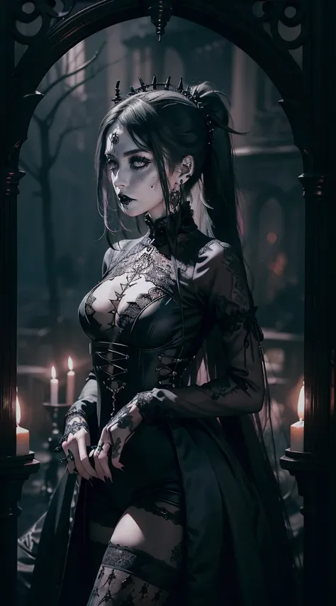 Official Art, Unity 8k wallpaper, ultra-detailed, beautiful, beautiful, ((New Goth gal:1.4)), masterpiece, best quality, dark, atmospheric, mystical, romantic, creepy, literature, art, fashion, victorian, decoration, intricate, ironwork, lace, contemplatio...