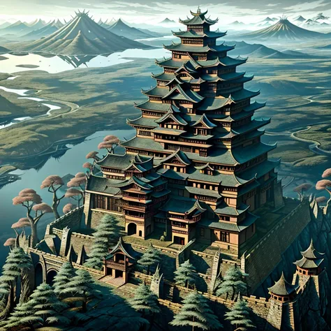 medieval castle, japanese architecture, japanese castle, view from the top, horror biomorphic landscape, exposition of eleven co...