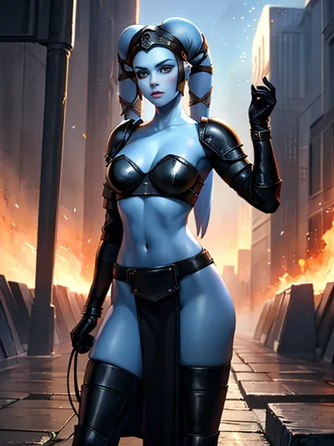 (best quality, masterpiece, highly detailed), 1girl, (blue skin), badass Twilek, suit of armor, black leather, pelvic curtain, loincloth, long skirts, battle armor, body armor, long sleeves, skirts, tight black leggings, long boots, black leather, buckles,...