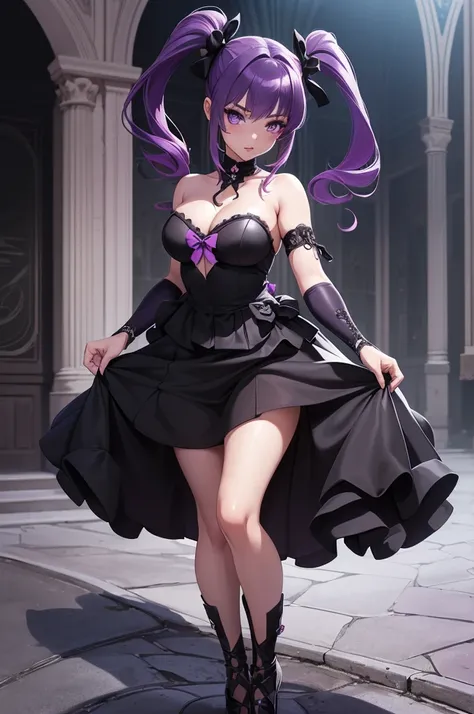 (a girl,anime girl),beautiful detailed eyes,beautiful detailed lips,extremely detailed eyes and face,long eyelashes,violet hair,dark purple hair,cute face,porcelain-like skin,black dress, standing, full body portrait, elegant posture, standing outside outs...