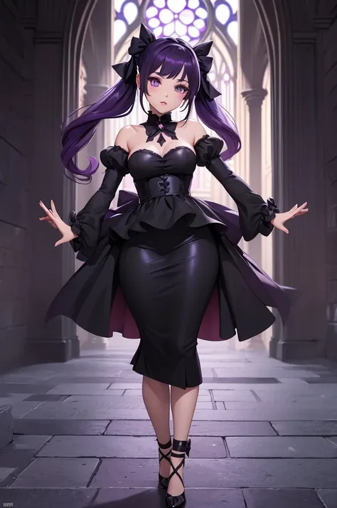 (a girl,anime girl),beautiful detailed eyes,beautiful detailed lips,extremely detailed eyes and face,long eyelashes,violet hair,dark purple hair,cute face,porcelain-like skin,black dress, standing, full body portrait, elegant posture, standing outside outs...