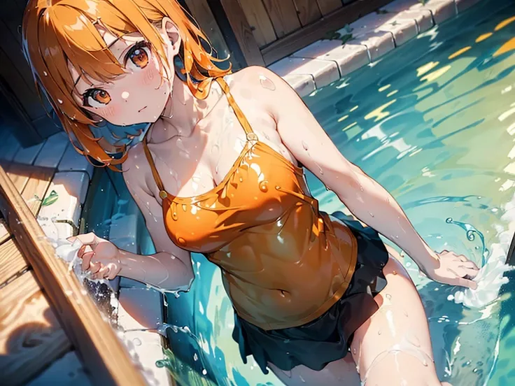 (masterpiece:1.2),highest quality,8k,swimsuit((soaking wet,orange color camisole,Dark blue skirt)),(ぬるぬるローションでsoaking wet:1.2),indoor pool(Slimy lotion:1.4),