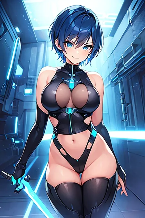 1girl, tomboy, pixie cut, very short hair, blue hair, blue eyes, black bodysuit, cutout, large breasts, wide hips, neon trim, futuristic, science-fiction, tech, smile, smirk, smug, sword