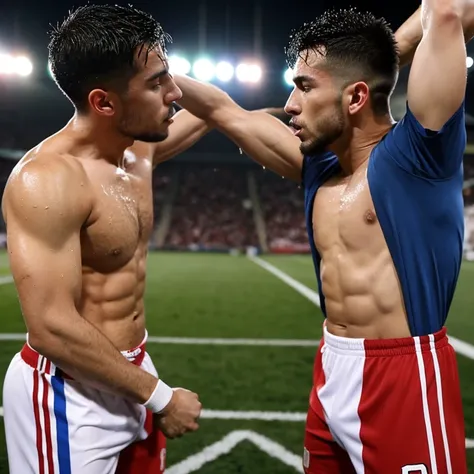 2 Capitanes musculosos de futbol americano  inconscientes y sin camisa, masturbated and kissed on the mouth by another young man smaller and thinner than them, Bulto grande, mostrando pectorales y abdominales completos,wet dreams, Great erection, besos, po...