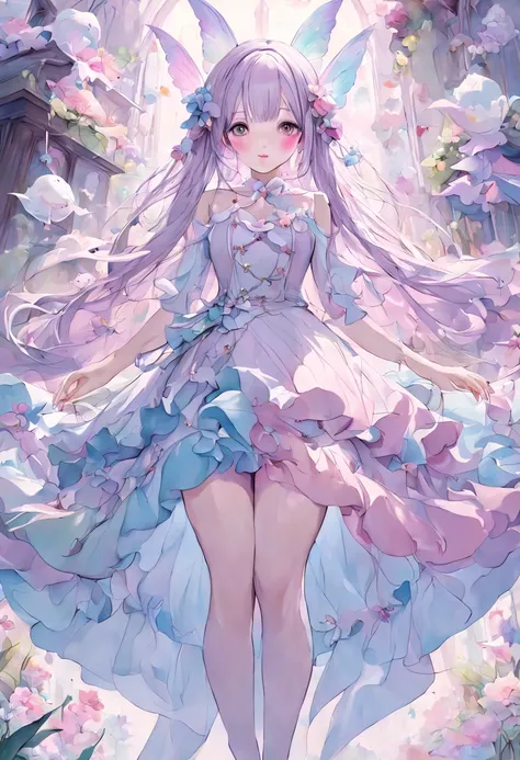 1girl, Whimsical Fairy Wonderland, Abstract art highlighting the subtle and harmonious blending of pastel shades, masterpiece, best quality, rating: general